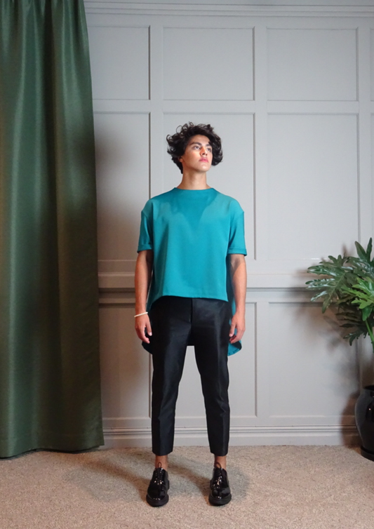 Long Cape T-shirt Stretch Satin Turquoise Electric Blue Cream