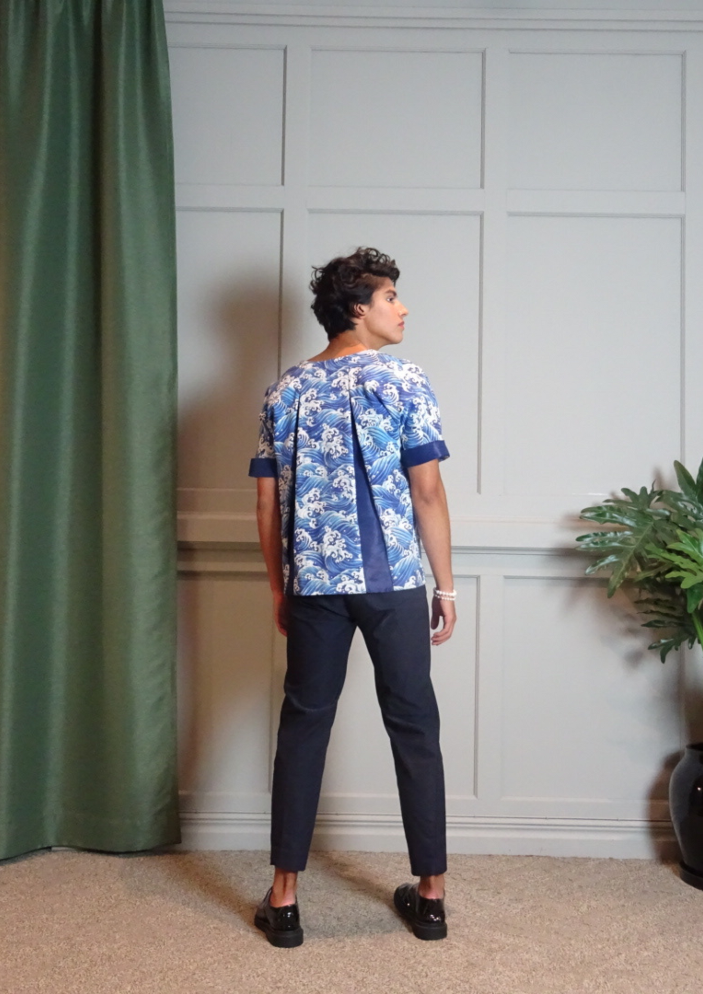 Organic Ocean Printed Kimono Pleated T-Shirt